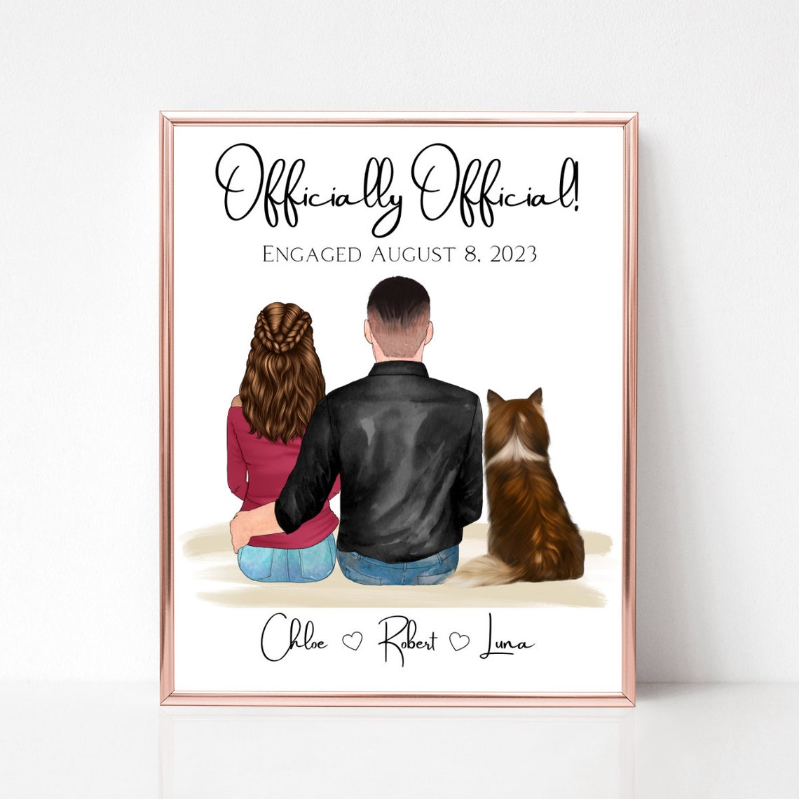 Officially Engaged Couple With Dog Custom Date Engagement Poster