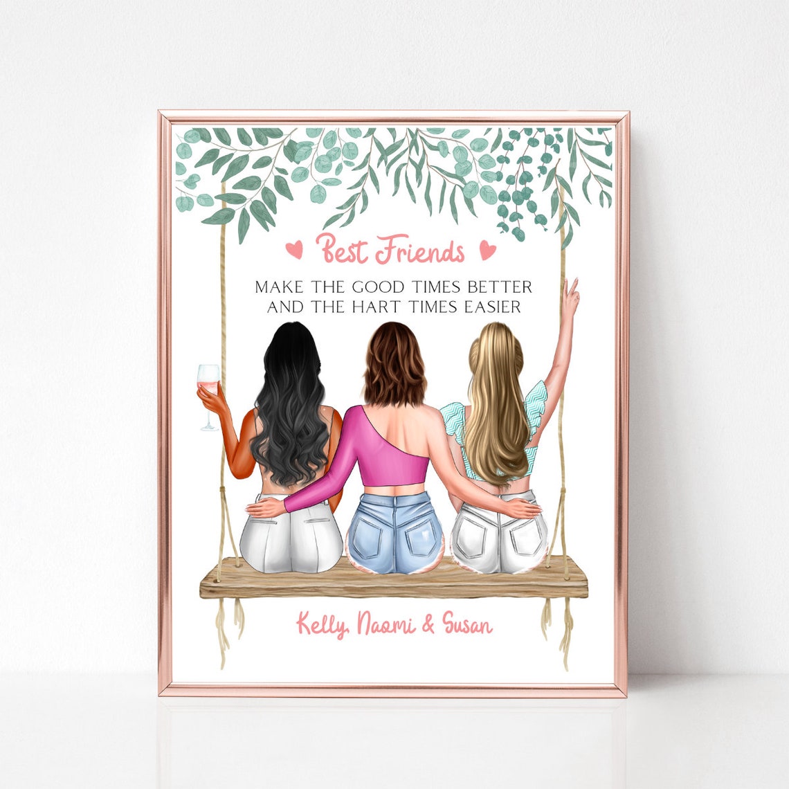 Three Best Friends On A Wooden Swing Under Hanging Greenery Poster