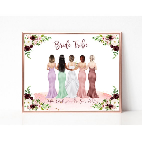 Bride Tribe Custom Portrait Five Women Burgundy Floral Bridesmaid Gift Poster