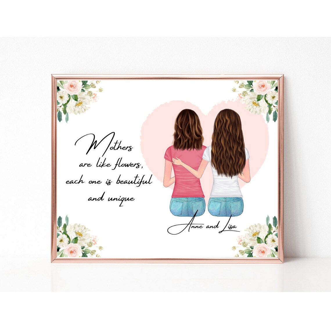 Mother and Daughter With Pink Heart Floral Mothers Quote Poster - Image 3