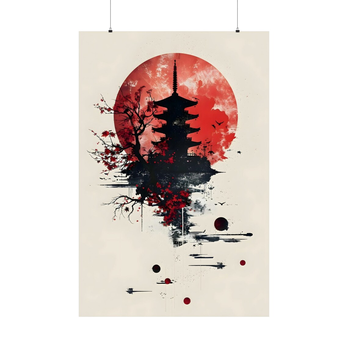 Japanese Pagoda Giant Red Sun Ink Wash Watercolor Autumn Poster