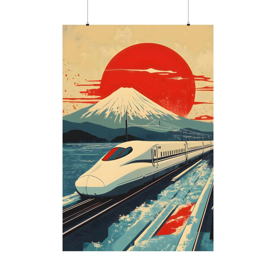 Shinkansen Mount Fuji Giant Red Sun Retro Japanese Travel Poster