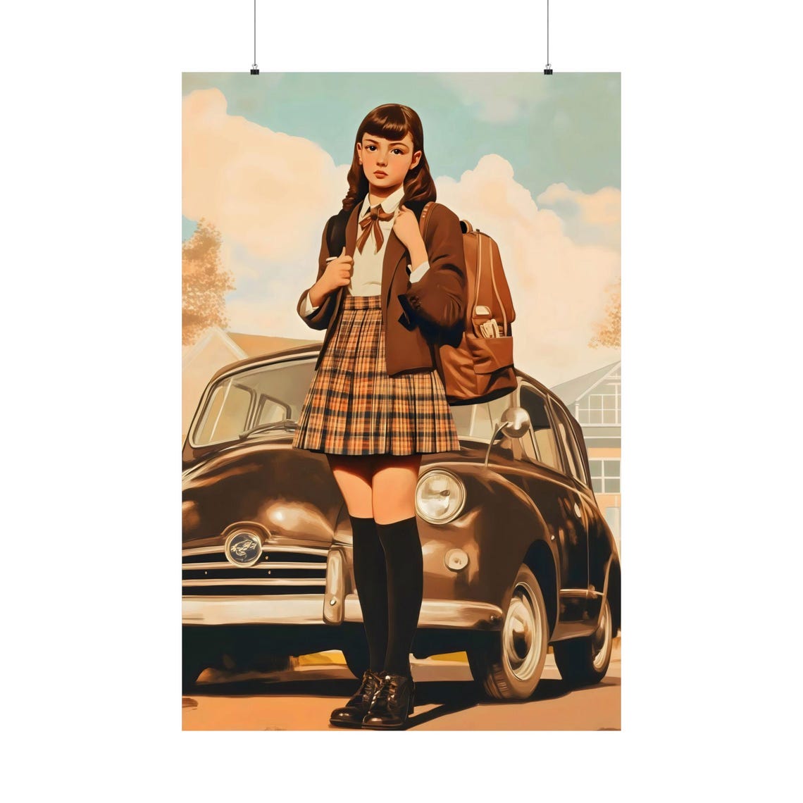 Vintage Schoolgirl Classic Car Retro 1950s Nostalgic Portrait Poster