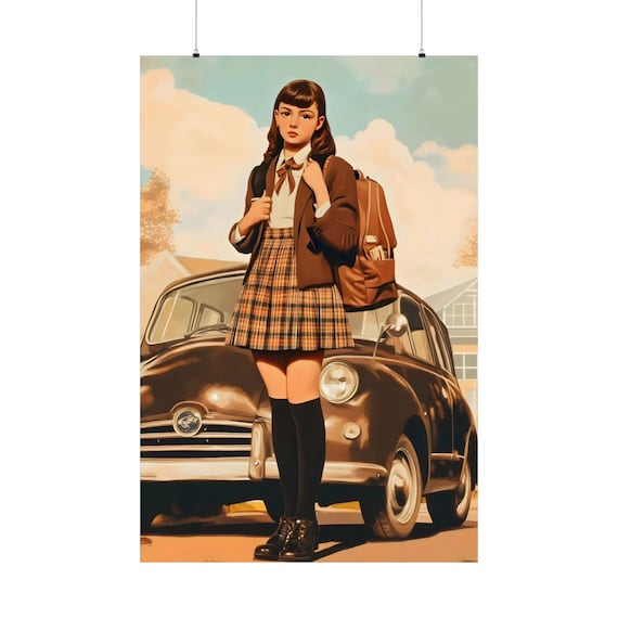 Vintage Schoolgirl Classic Car Retro 1950s Nostalgic Portrait Poster