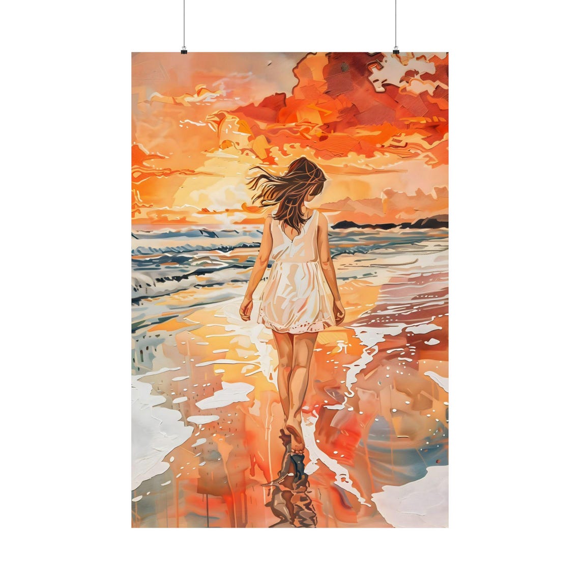 Woman In White Dress Walking Ocean Sunset Beach Wanderlust Poster