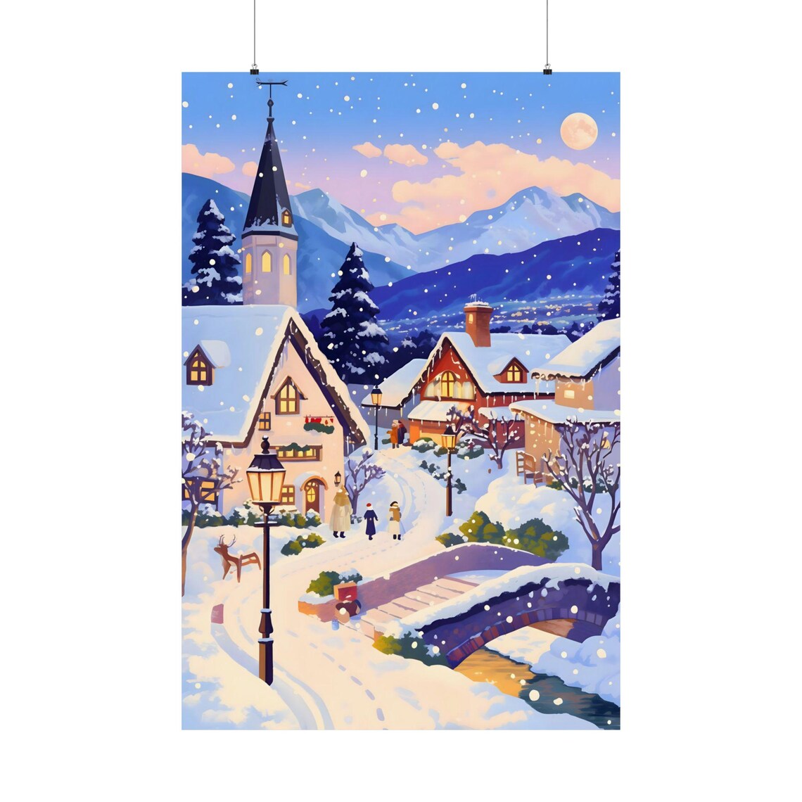 Snowy Mountain Village Church Christmas Lights Winter Poster
