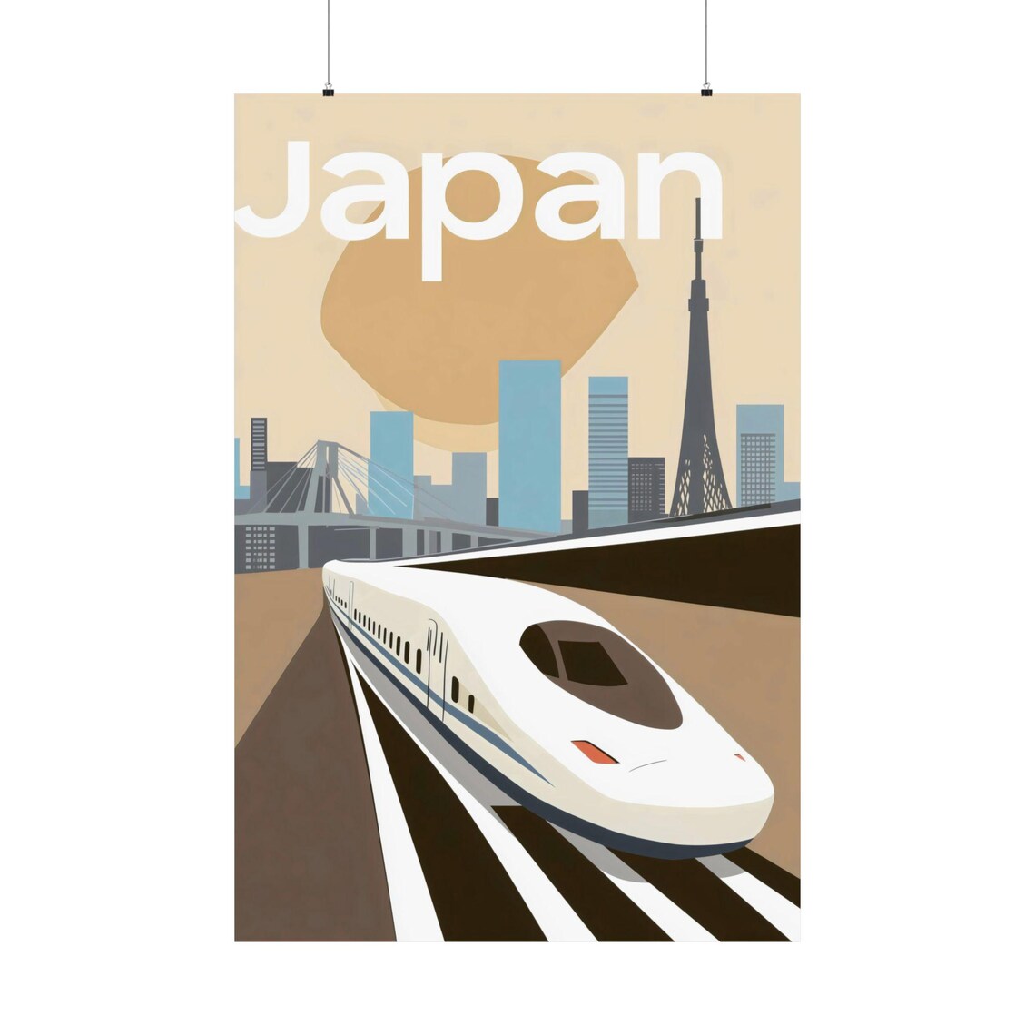 Japan Bullet Train Tokyo Skyline Vintage Travel Poster Design