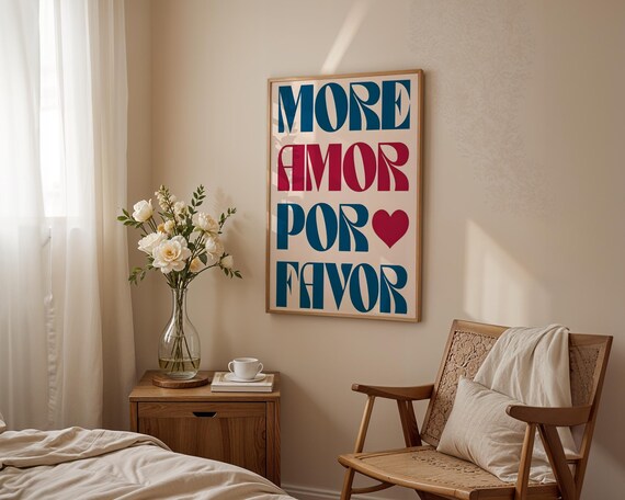 More Amor Por Favor Retro Seventies Typography Quote Colorful Poster