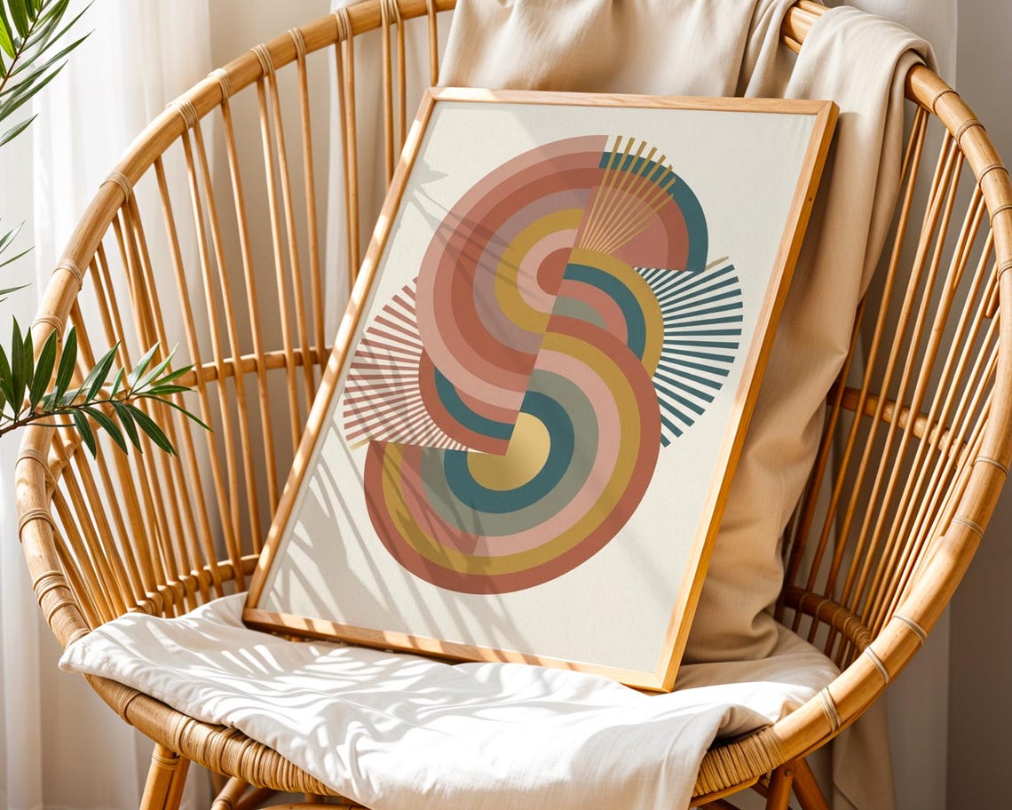 Golden Shells Pattern Art Print Retro Navy Blue Geometric Poster Mid Century Deco Wall Decor Elegant Minimalist Gift Idea