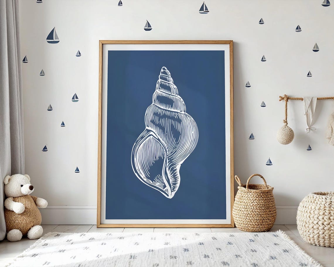 Conch Shell Line Art Navy Blue Coastal Nautical Nursery Wall Poster