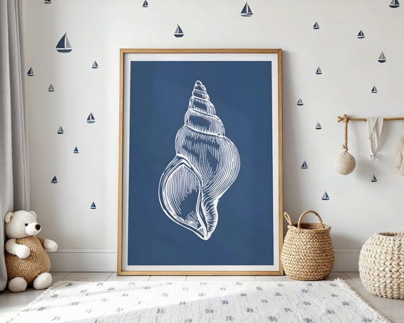 Coastal Seashell Art Print Navy Blue Sea Snail Poster White Linocut Ocean Life Wall Decor Beach House Gift Nautical Aesthetic