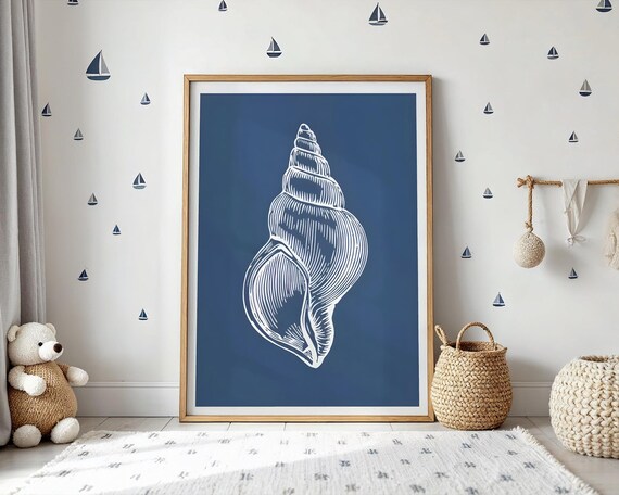 Conch Shell Line Art Navy Blue Coastal Nautical Nursery Wall Poster