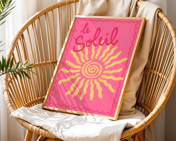 Le Soleil Art Print French Sun Poster Pink And Yellow Retro Wall Mediterranean Aesthetic Decor Boho Chic Home Gift Modern