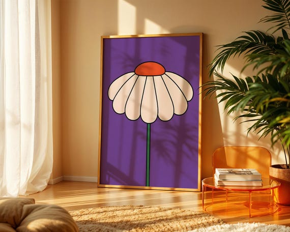 Groovy Daisy Flower Art Print Retro 70s Purple Orange Floral Poster Minimalist Cute Botanical Wall Decor Trendy Apartment Gift Idea