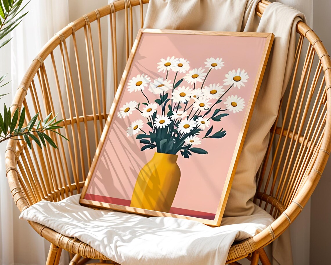White Daisy Bouquet Mustard Yellow Vase Pink Retro Floral Wall Art