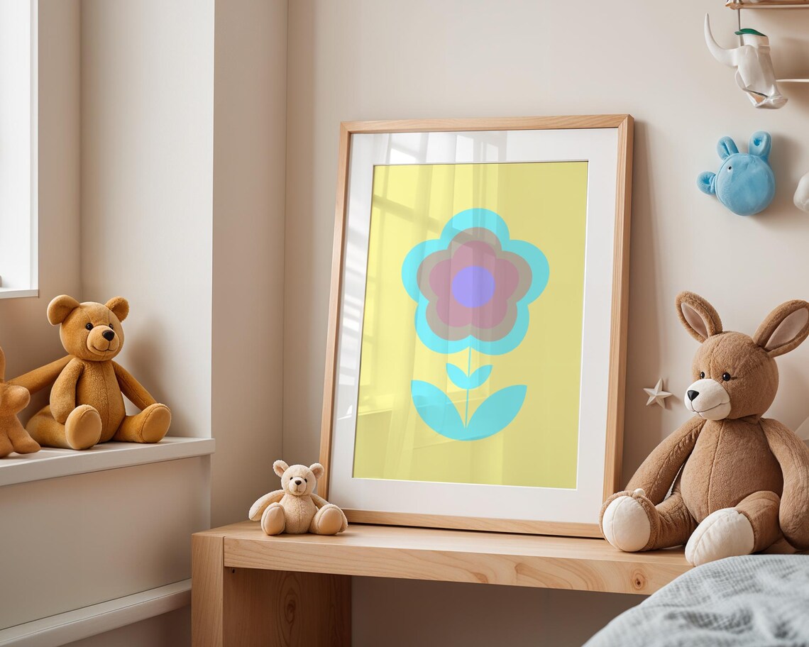 Retro Groovy Daisy Flower Pastel Yellow Blue Kids Nursery Poster