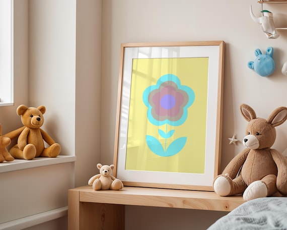 Retro Groovy Daisy Flower Pastel Yellow Blue Kids Nursery Poster