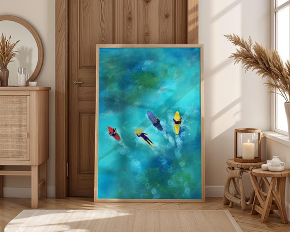 Surfing Wall Art Aerial Ocean View Poster Colorful Surfers Print Beach House Decor Coastal Surf