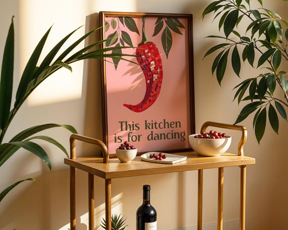 This Kitchen Is For Dancing Art Print Disco Chili Pepper Wall Decor Retro Pink Poster Maximalist Fun Gift Kitsch
