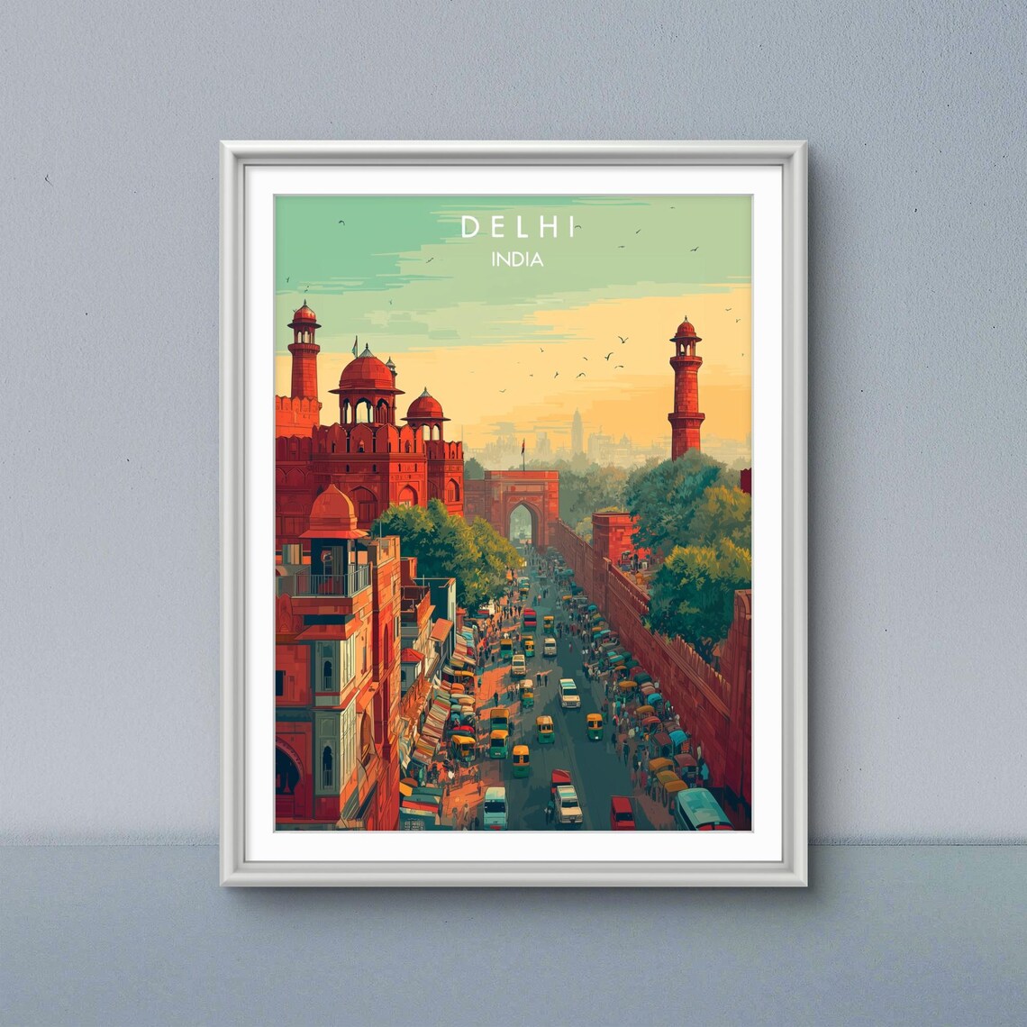 Delhi India Red Fort Tuk Tuk Vintage Street Scene Travel Poster