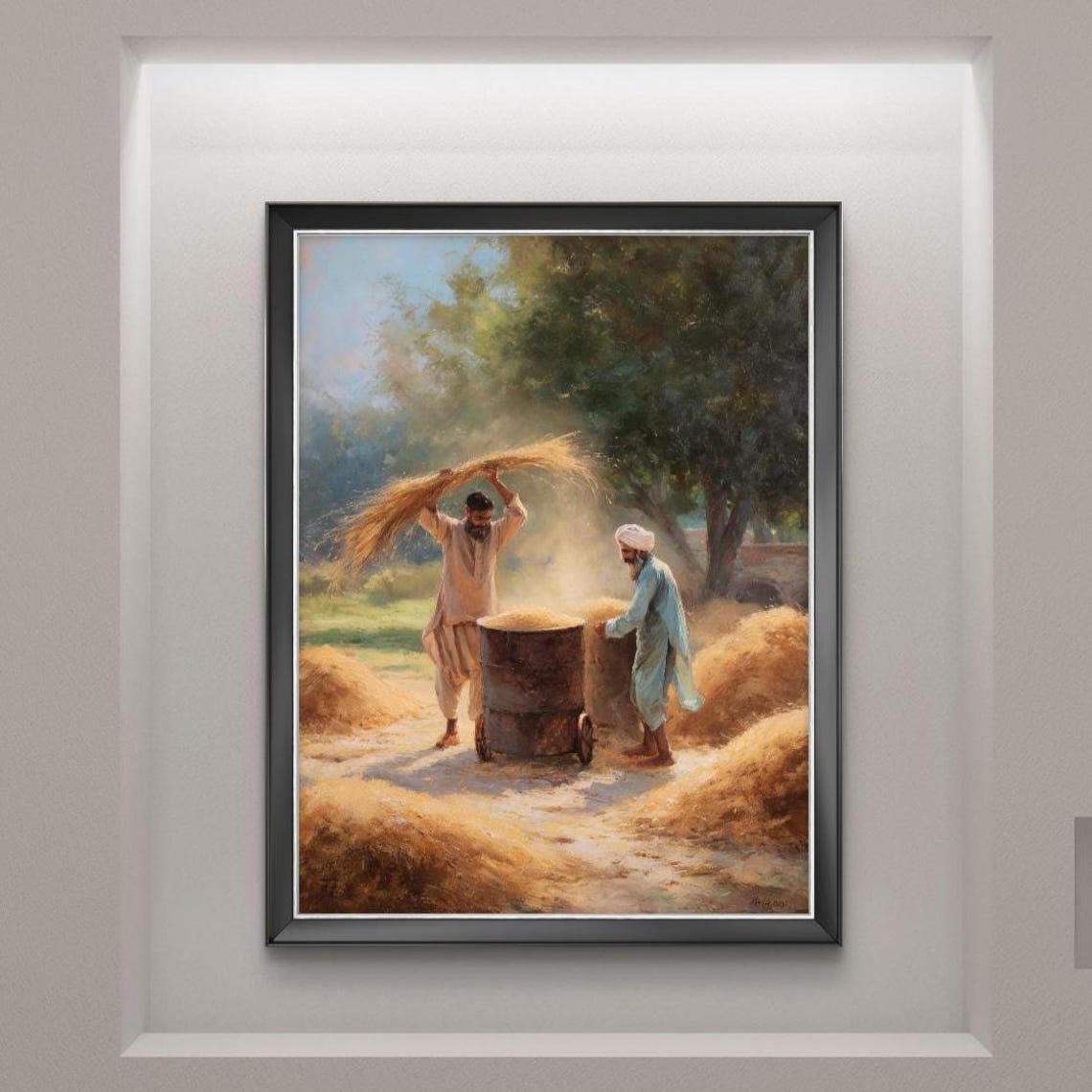 Punjabi Farmers Threshing Wheat Vintage Countryside Scene Poster