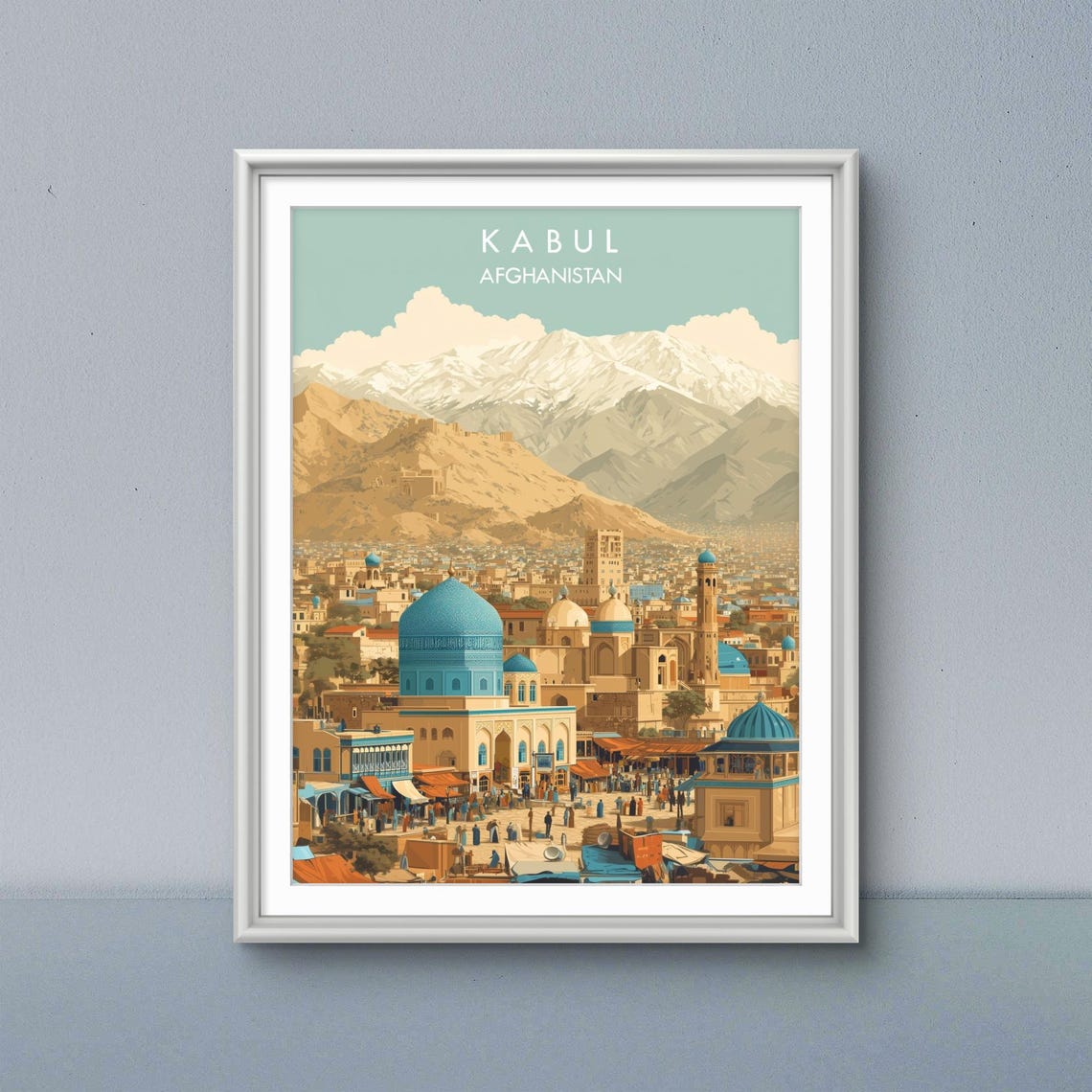 Kabul Afghanistan Travel Poster Blue Domed Mosque Bazaar Mountains
