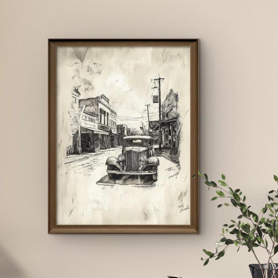 Vintage Street Scene Ink Sketch Classic Car 1930s Architecture