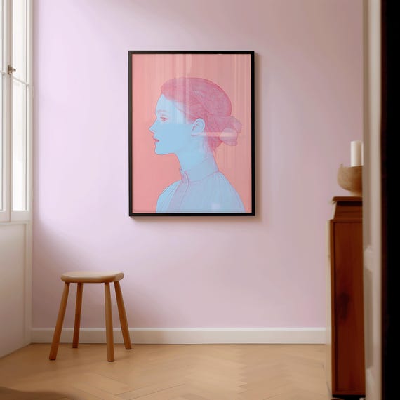 Pastel Girl Profile Art Print Soft Pink Blue Portrait Wall Decor Minimal Line Feminine Poster Celestes Reflection