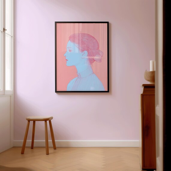 Pastel Pink And Blue Girl Profile Feminine Minimal Line Art Poster