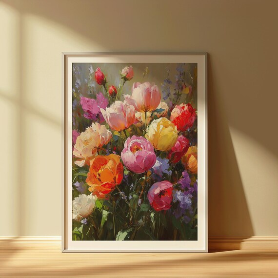 Colorful Garden Bloom Painting Print Impressionist Tulip Peony Wall Art Radiant Spring Flower Poster Sunlit Harmony