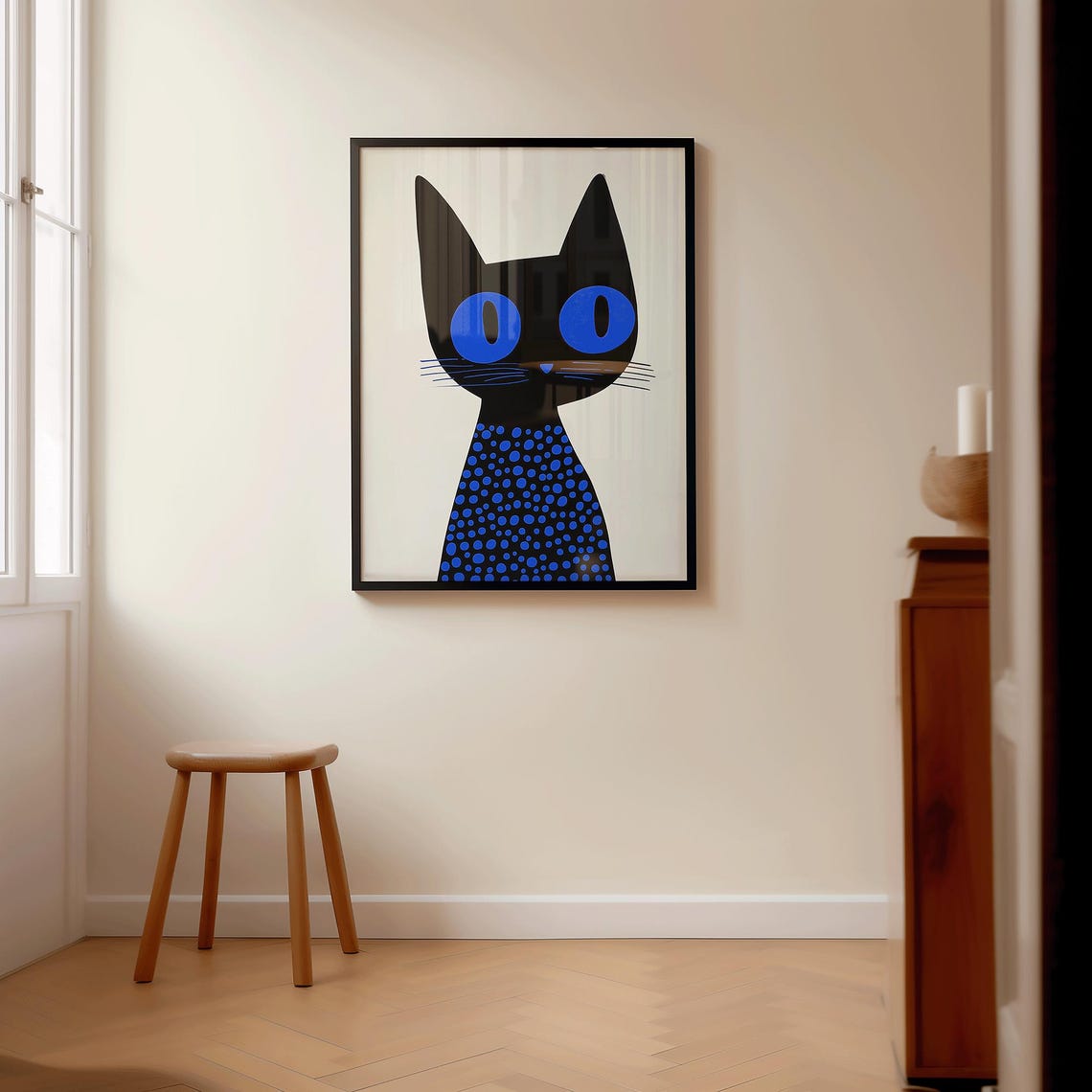 Black Cat with Blue Eyes Whimsical Polka Dot Portrait Poster