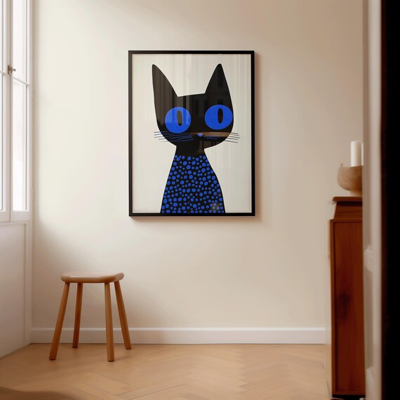Black Cat Art Print Cute Modern Feline Wall Decor Quirky Animal Poster Blue Eyed Mystery