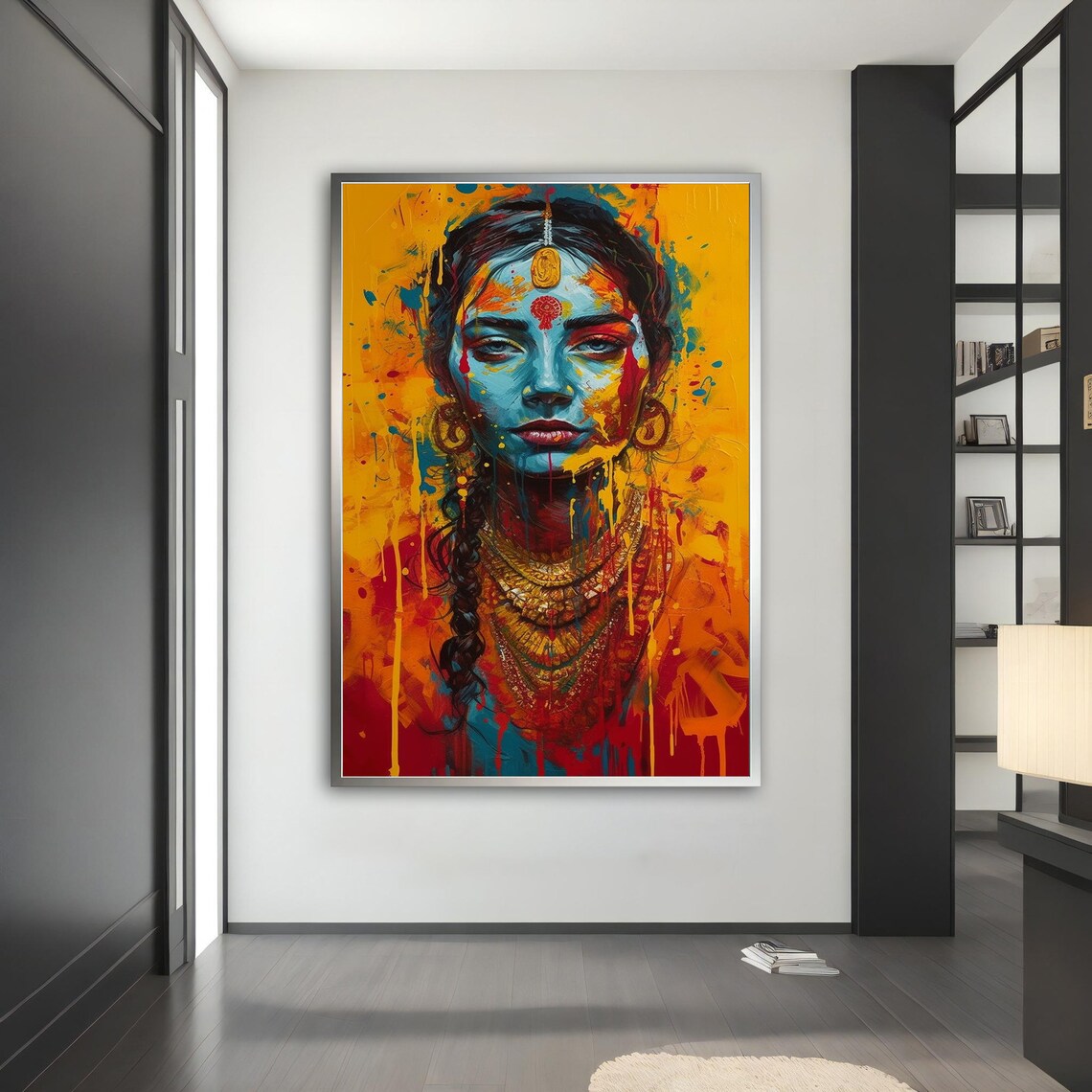 Vibrant Indian Woman Blue Face Paint Colorful Portrait Wall Art - Image 3