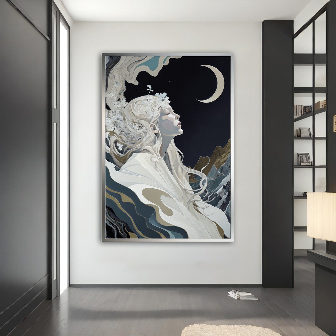Moon Goddess Night Art Nouveau Pale Woman Crescent Moon Mountain Poster - Image 5