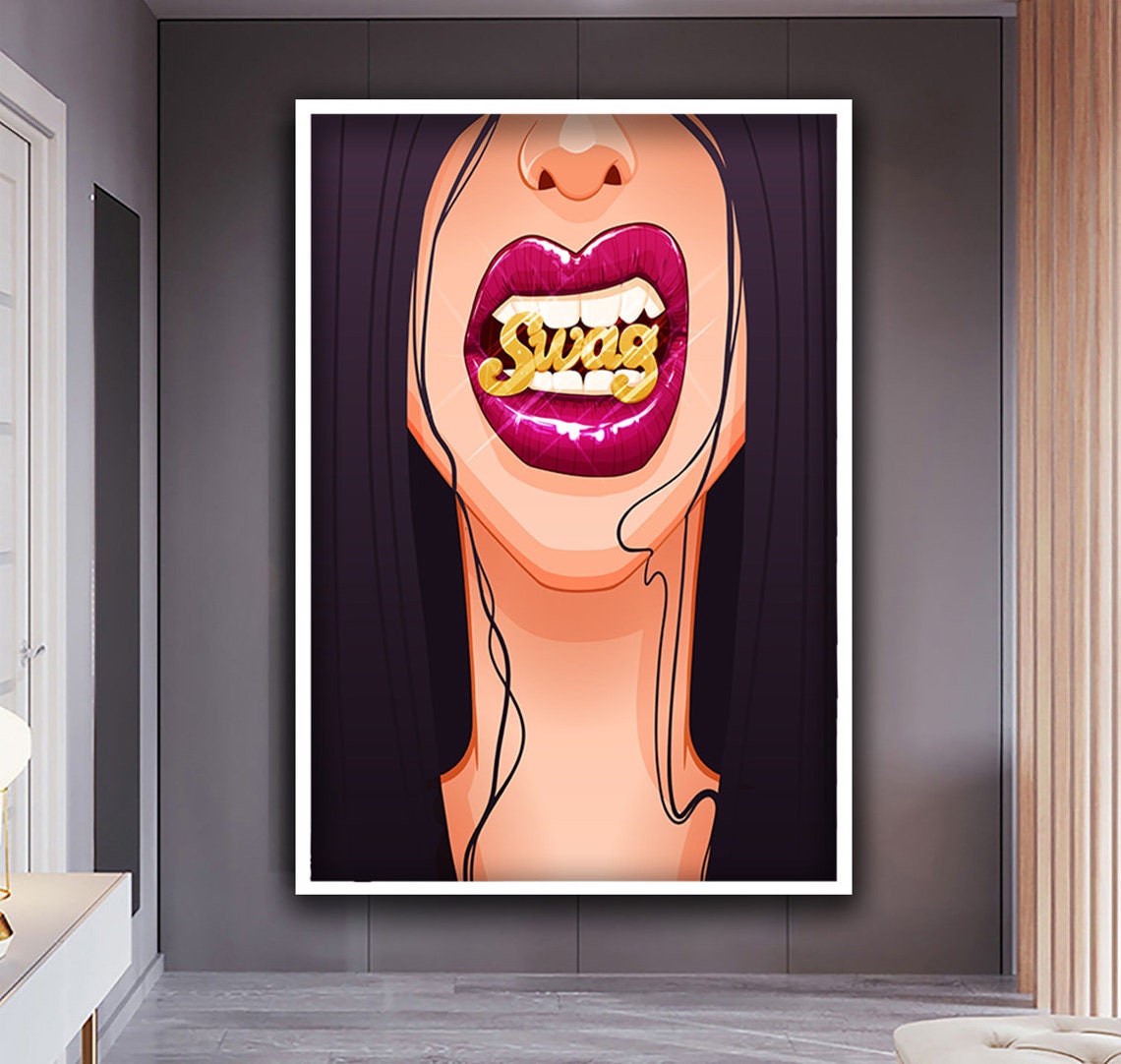 Bold Pop Art Red Lips with Gold Swag Grill Street Style Poster - Image 4