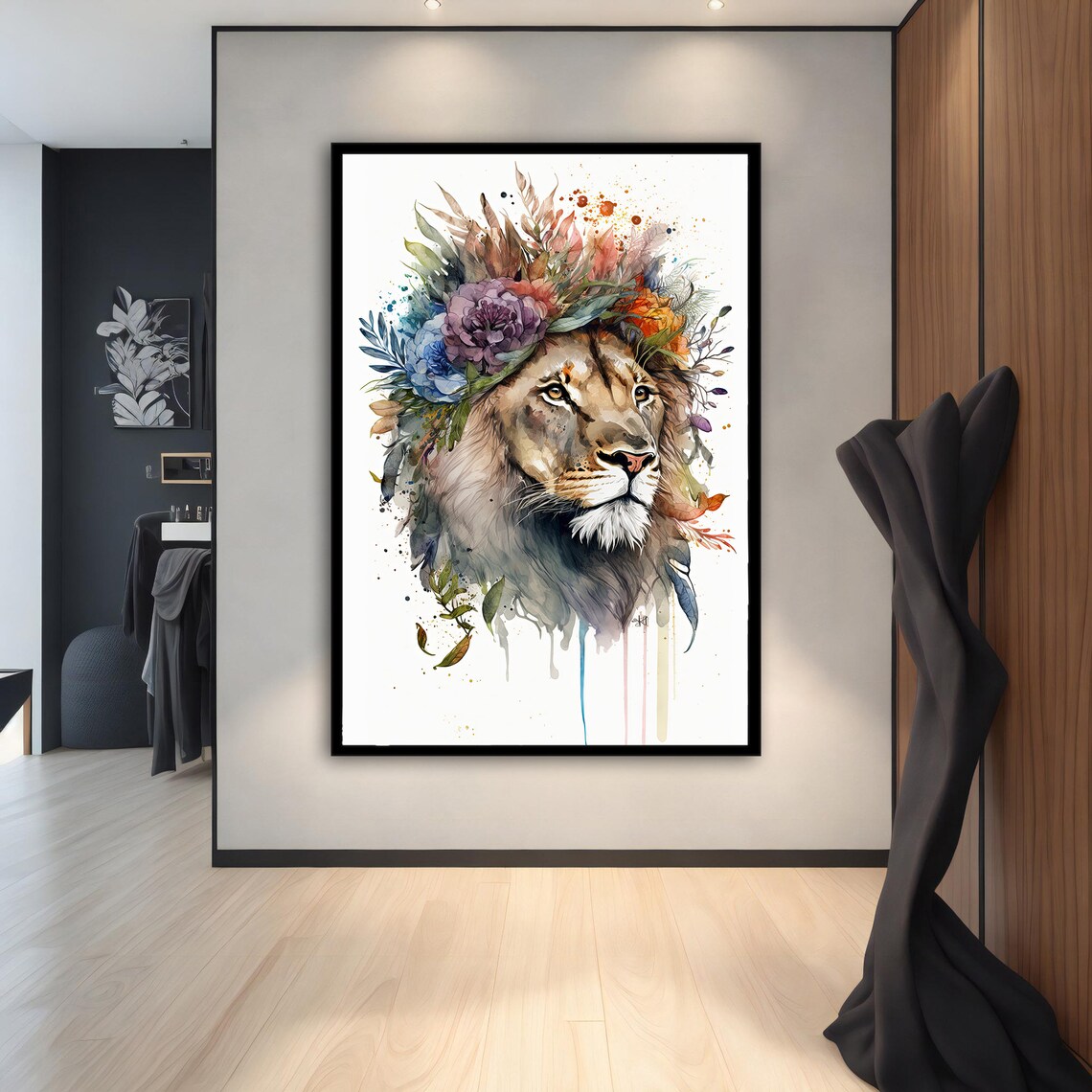 Watercolor Lion Floral Crown Botanical Soft Pastel Animal Art Wall Poster - Image 2