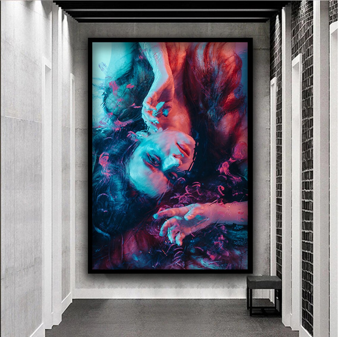 Woman Underwater Dark Hair Red Blue Light Dreamy Portrait Art Wall Poster - Image 3