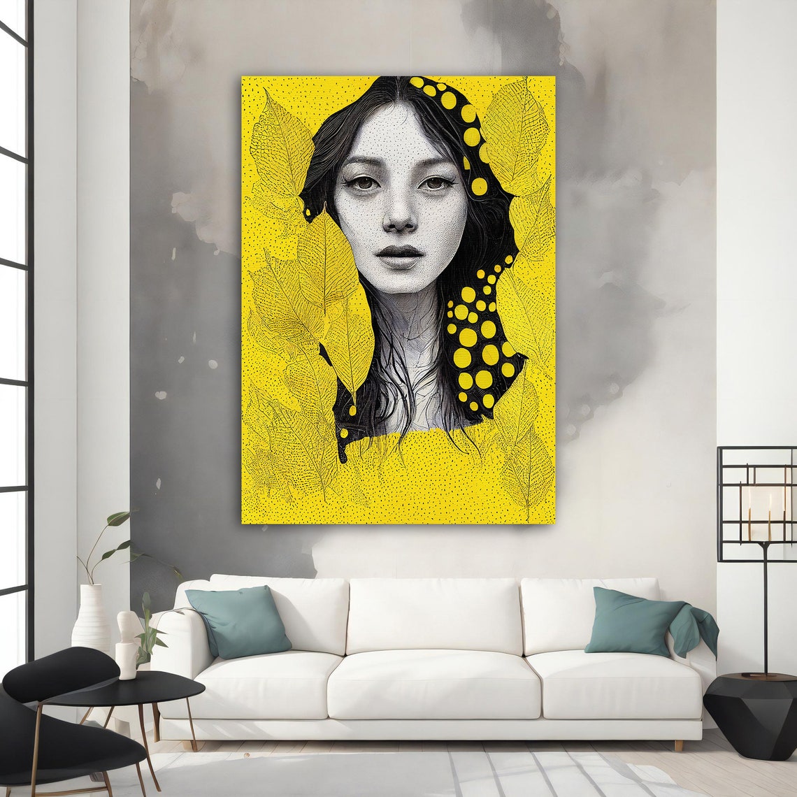 Black White Woman Yellow Leaves Polka Dot Modern Portrait Wall Art - Image 3