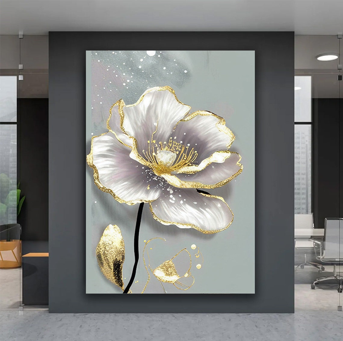 White Flower Gold Edge Blooming Floral Elegant Wall Art Poster