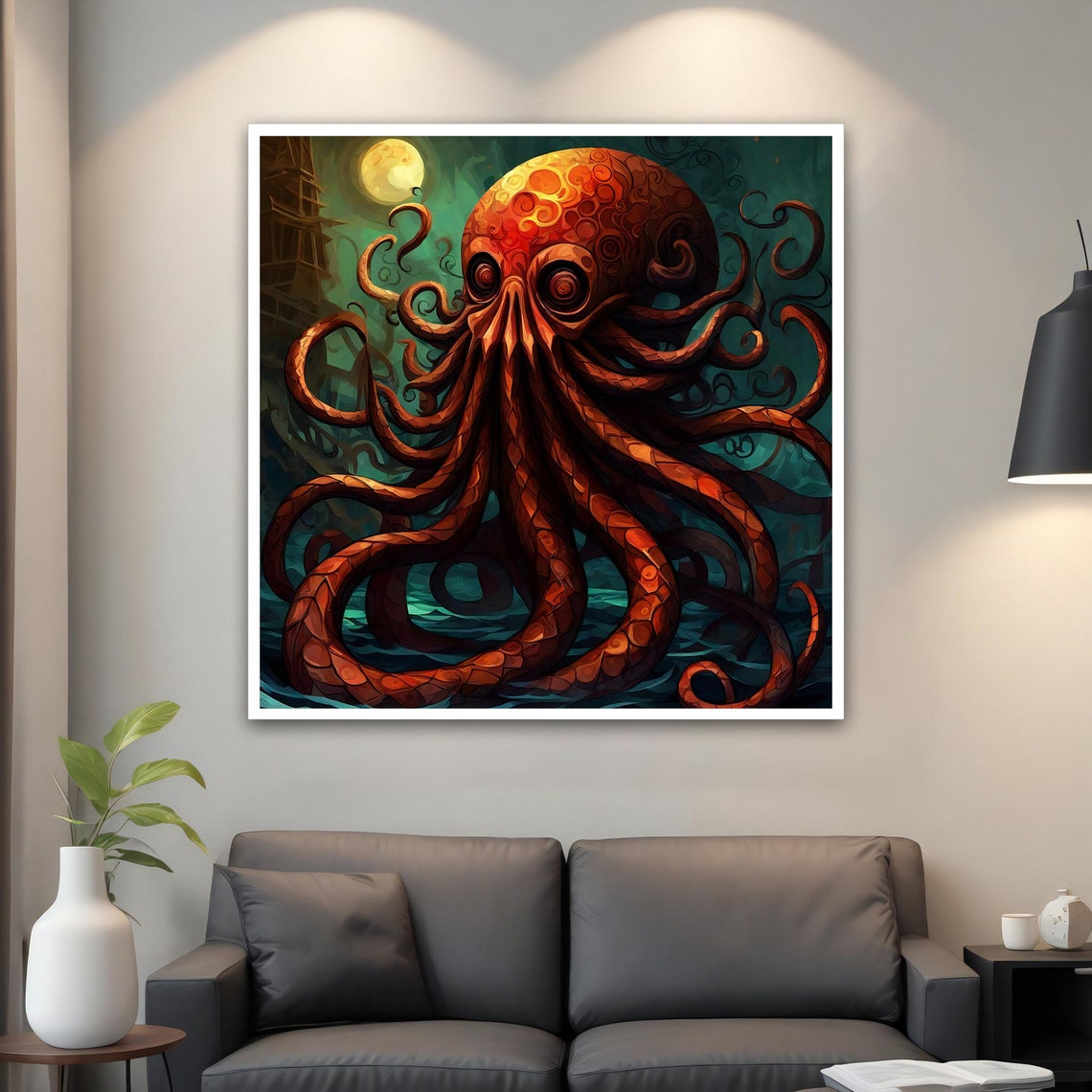 Red Octopus Full Moon Night Sea Kraken Tentacle Animal Art Poster - Image 4
