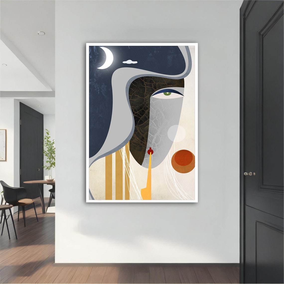 Surreal Moon Face Green Eye Abstract Navy Cream Wall Art Print - Image 5