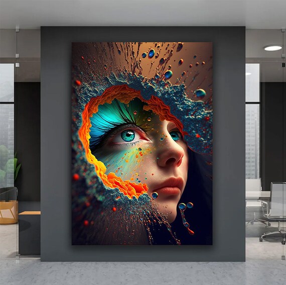 Surreal Woman Blue Eyes Colorful Paint Splash Explosion Modern Art Poster