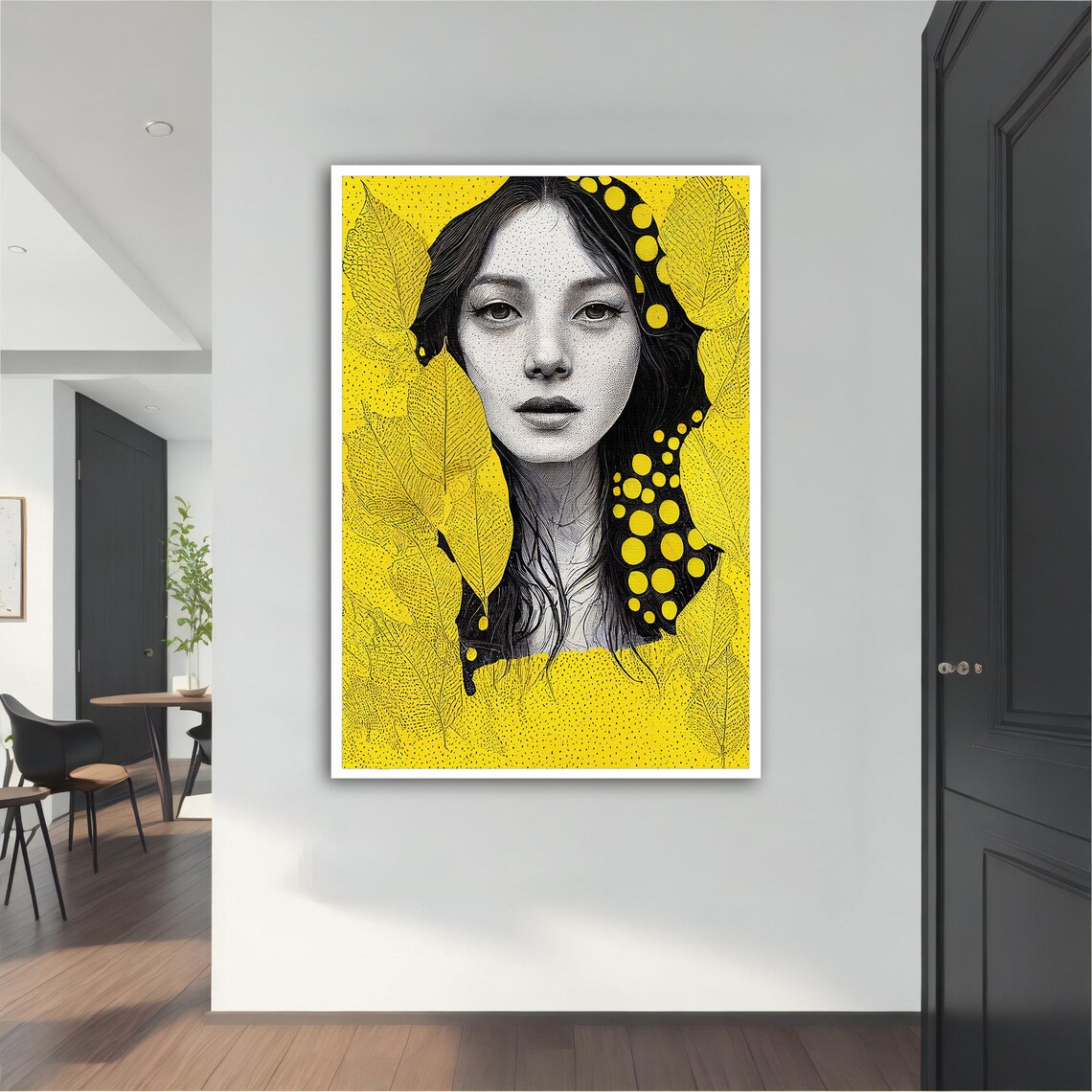 Black White Woman Yellow Leaves Polka Dot Modern Portrait Wall Art