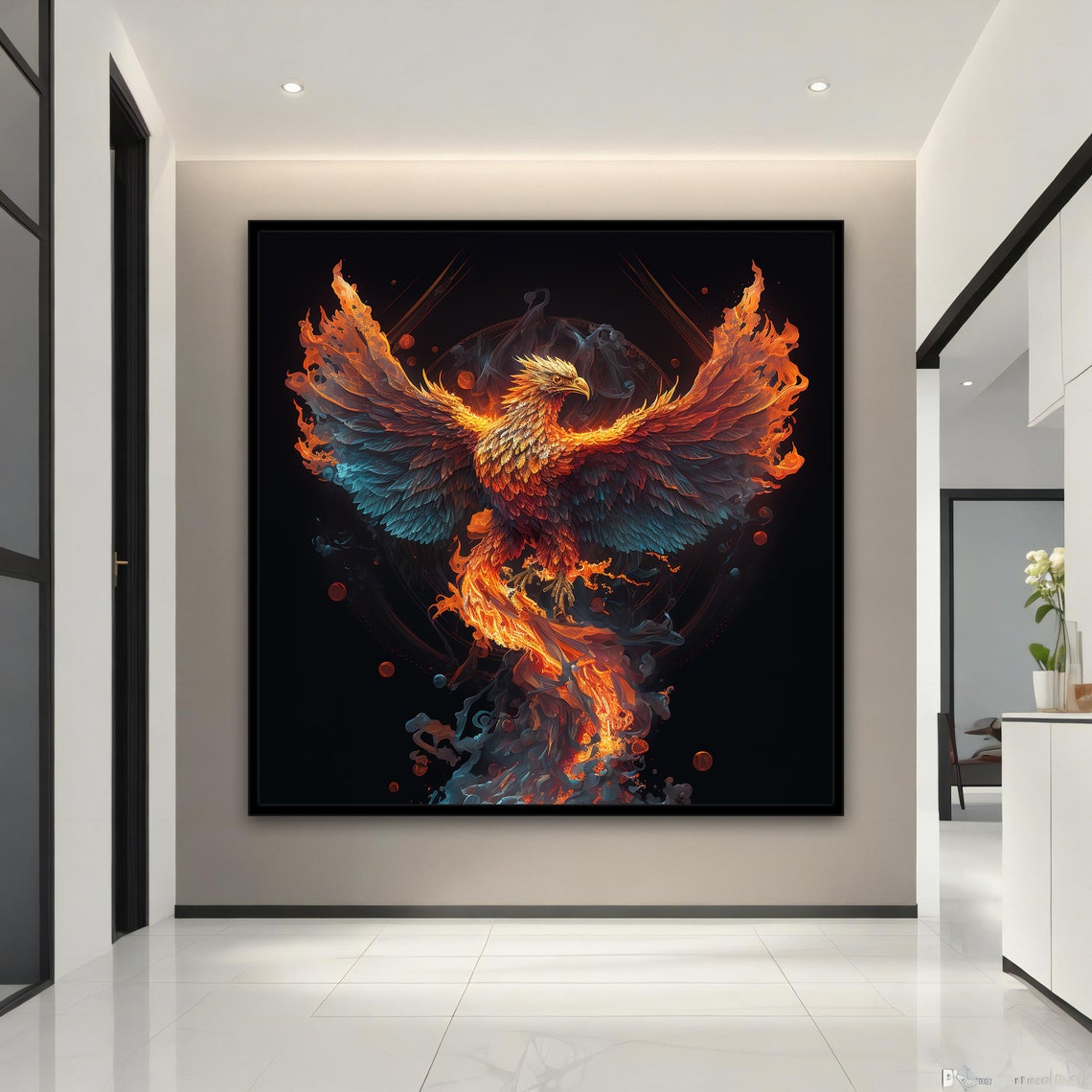 Flaming Phoenix Spread Wings Black Background Fantasy Animal Poster