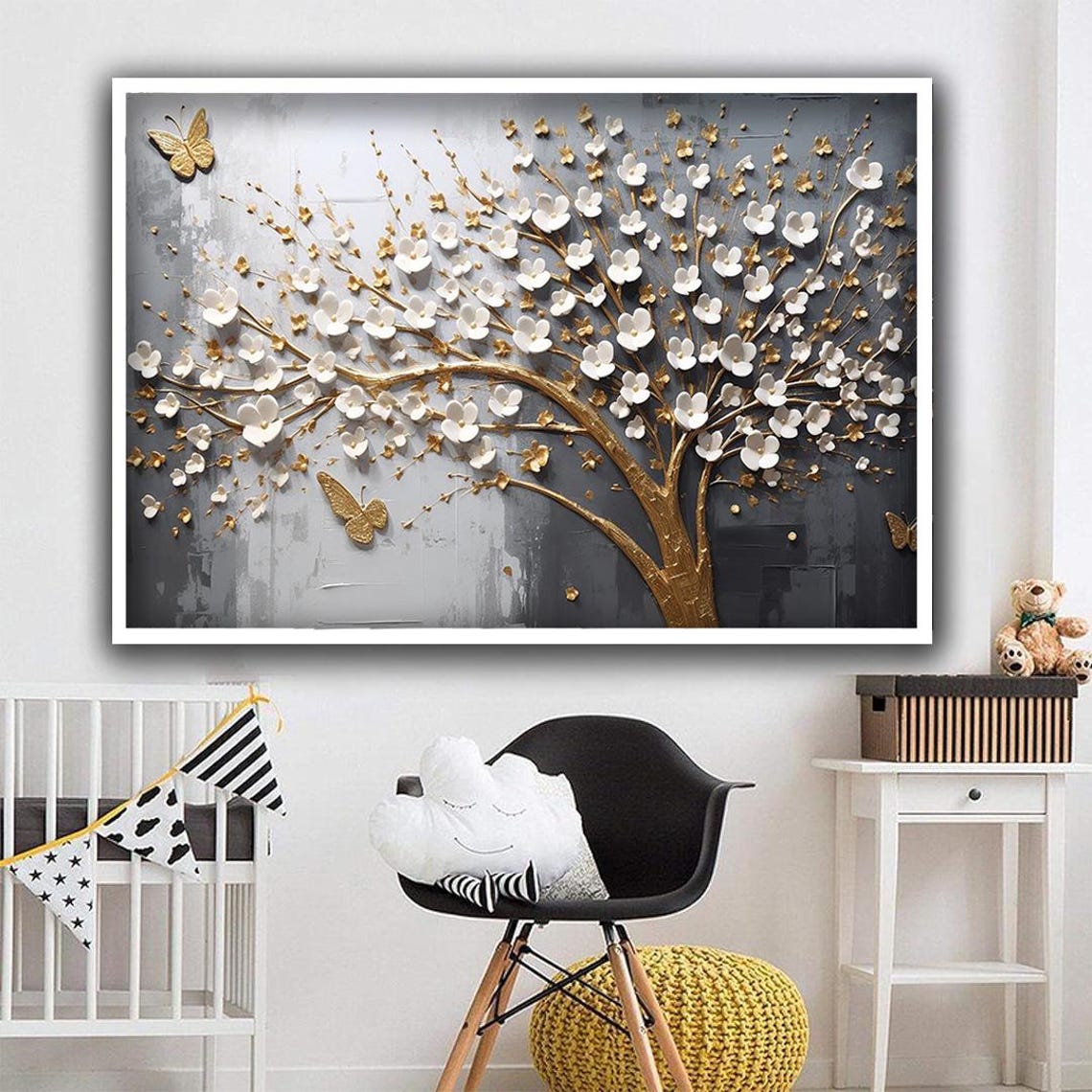 White and Gold Flower Tree 3D Butterflies Gray Floral Wall Art - Image 4