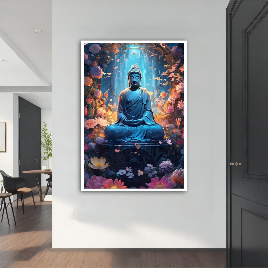 Blue Buddha Meditating Flowers Halo Serene Calm Asian Art Poster