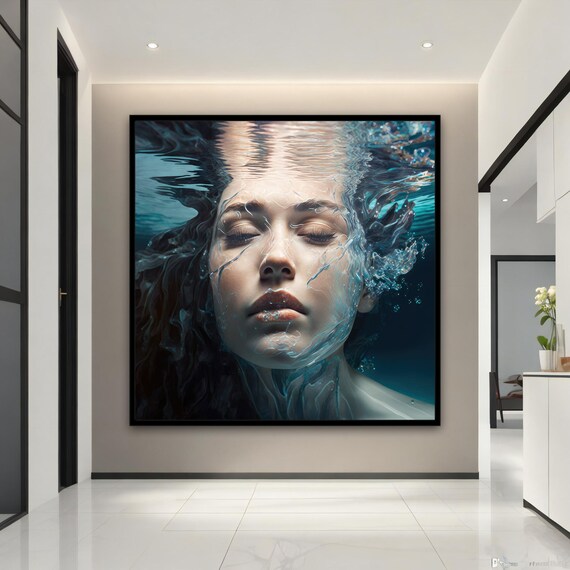 Underwater Woman Face Serene Blue Water Dreamlike Portrait Art Poster