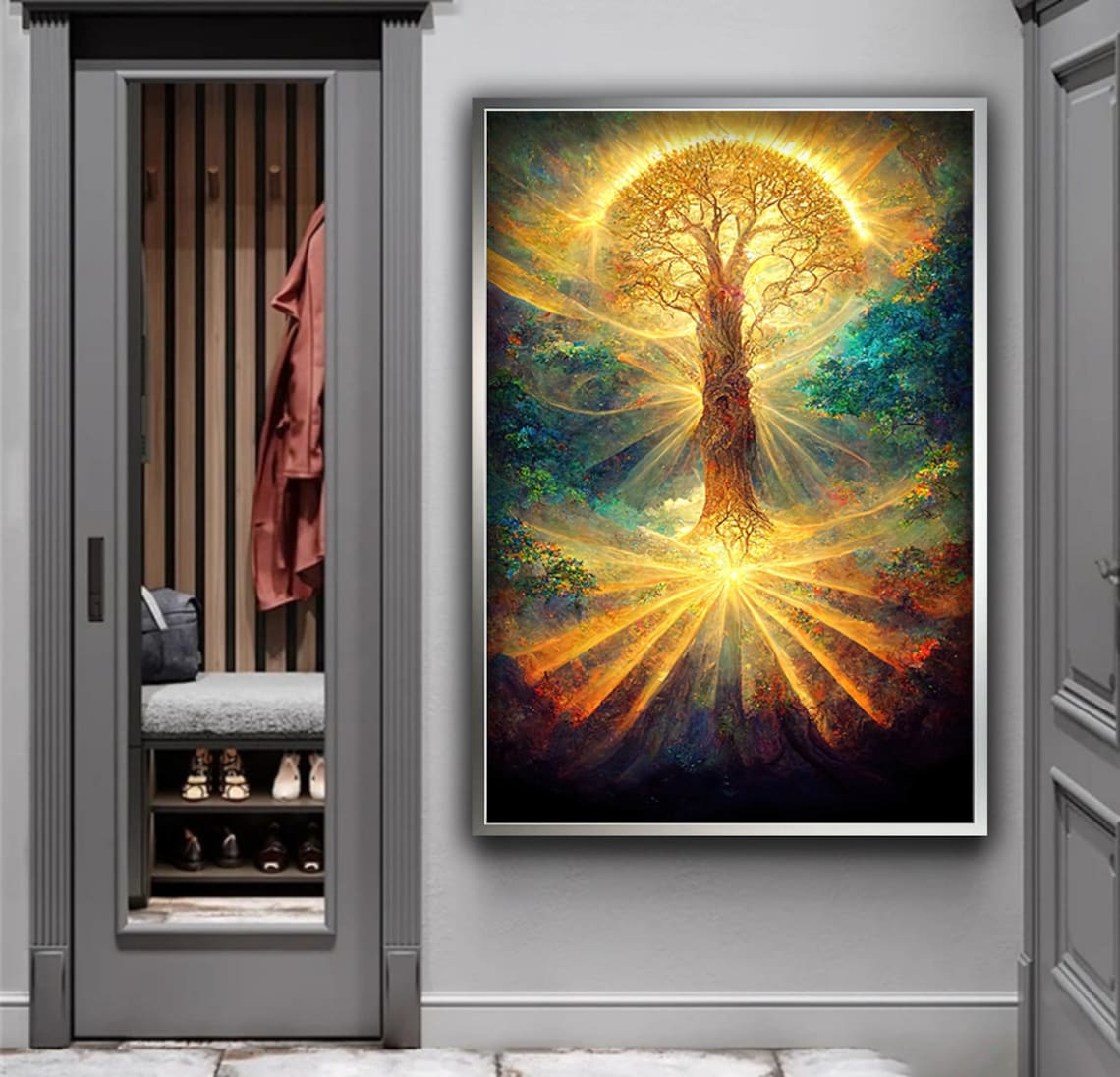 Golden Tree of Life Radiant Sunburst Fantasy Spiritual Wall Art Poster - Image 2