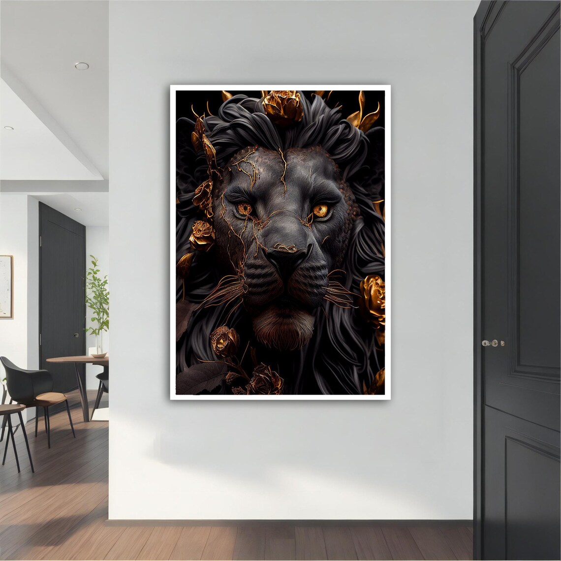 Black Lion Golden Roses Luxe Dark Floral Animal Wall Art Poster