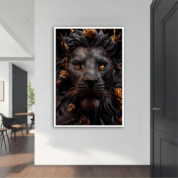 Black Lion Golden Roses Luxe Dark Floral Animal Wall Art Poster